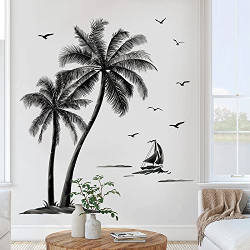 decalmile Pegatinas de Pared Palmeras Grandes Vinilos Decorativos Árbol Tropical Aves Negro Adhesivos Pared Dormitorio Salón Oficinas (H:150cm)