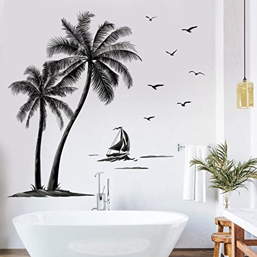 decalmile Pegatinas de Pared Palmeras Grandes Vinilos Decorativos Árbol Tropical Aves Negro Adhesivos Pared Dormitorio Salón Oficinas (H:150cm)