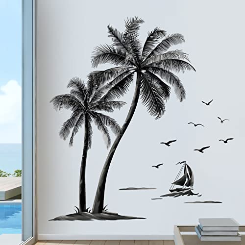 decalmile Pegatinas de Pared Palmeras Grandes Vinilos Decorativos Árbol Tropical Aves Negro Adhesivos Pared Dormitorio Salón Oficinas (H:150cm)