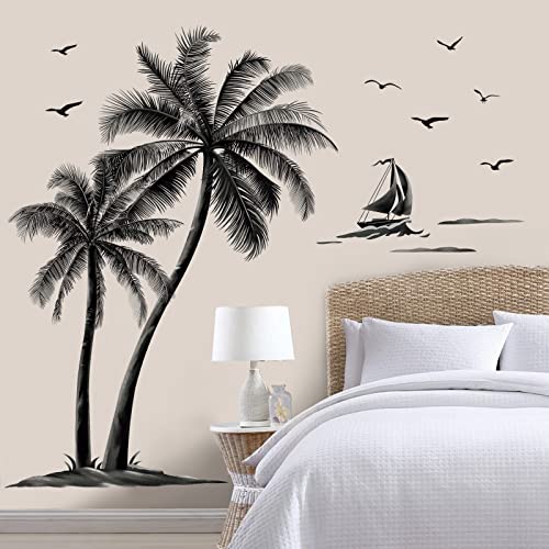 decalmile Pegatinas de Pared Palmeras Grandes Vinilos Decorativos Árbol Tropical Aves Negro Adhesivos Pared Dormitorio Salón Oficinas (H:150cm)