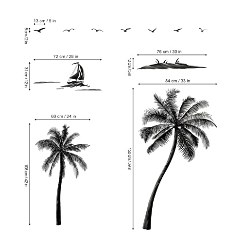 decalmile Pegatinas de Pared Palmeras Grandes Vinilos Decorativos Árbol Tropical Aves Negro Adhesivos Pared Dormitorio Salón Oficinas (H:150cm)