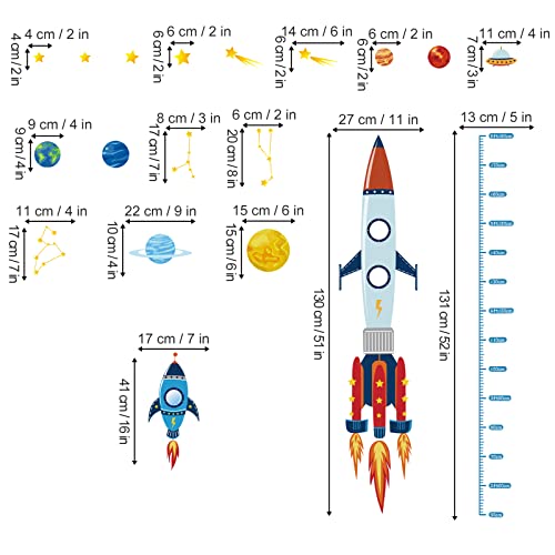decalmile Pegatinas de Pared Planeta Gráfica de Altura Vinilos Decorativos Cohete Medidor de Altura Adhesivos Pared Habitación Infantiles Niños Dormitorio