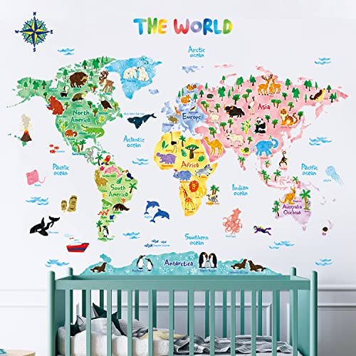 Decowall DAT-1615S Mapamundi Animales Vinilo Pegatinas Decorativas Adhesiva Pared Dormitorio Salón Guardería Habitación Infantiles Niños Bebés (Grande) (English Ver.)