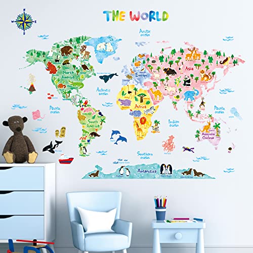 Decowall DAT-1615S Mapamundi Animales Vinilo Pegatinas Decorativas Adhesiva Pared Dormitorio Salón Guardería Habitación Infantiles Niños Bebés (Grande) (English Ver.)