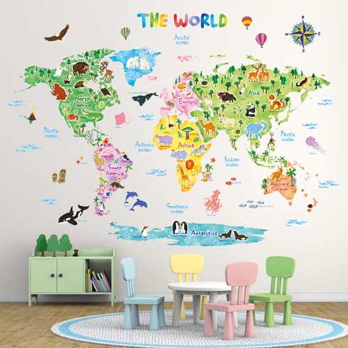 DECOWALL DL3-1615 Extra Grande Mapamundi Animales (140x106 cm) (English Ver.) Vinilo Pegatinas Decorativas Adhesiva Pared Dormitorio Saln Guardera Habitaci Infantiles Nios Bebs