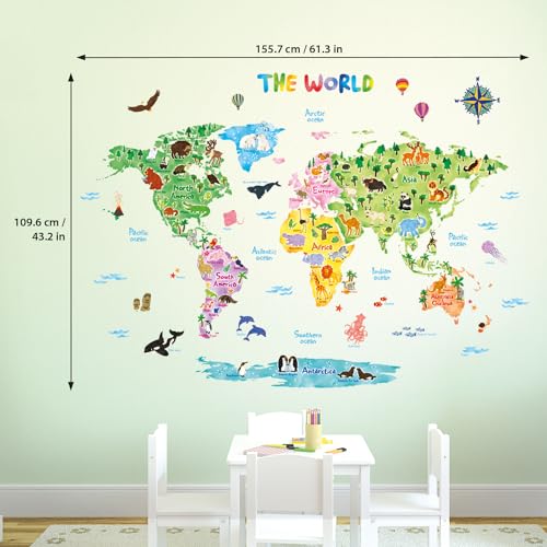 DECOWALL DL3-1615 Extra Grande Mapamundi Animales (140x106 cm) (English Ver.) Vinilo Pegatinas Decorativas Adhesiva Pared Dormitorio Saln Guardera Habitaci Infantiles Nios Bebs