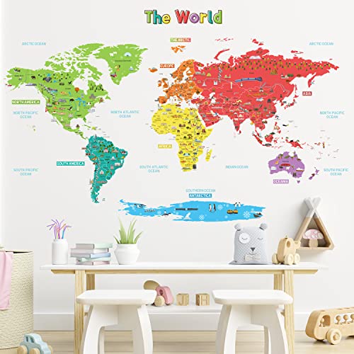 DECOWALL SG-1902S The Big World Map Pegatinas de pared Niños Calcomanías de pared de madera Decoración de cuarto de niños Peel and Stick Arte extraíble Habitación de bebé