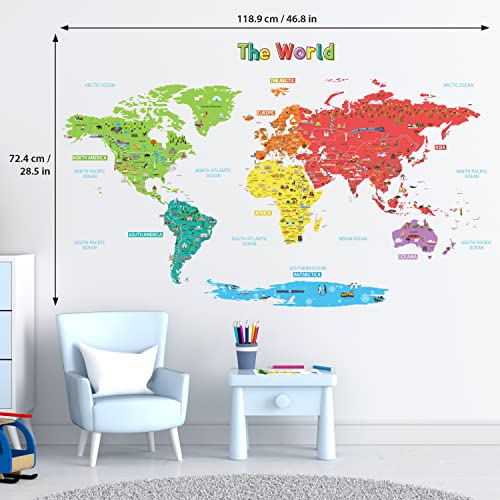 DECOWALL SG-1902S The Big World Map Pegatinas de pared Niños Calcomanías de pared de madera Decoración de cuarto de niños Peel and Stick Arte extraíble Habitación de bebé