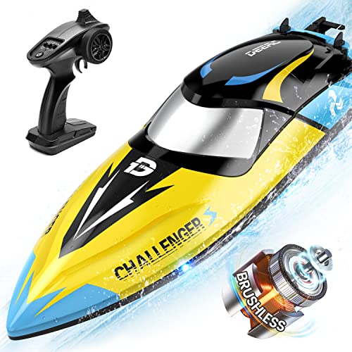 DEERC Barco RC sin escobillas, Barcos de Control Remoto rápido de 30 mph, Barco de Carreras de 2,4 GHz con Luces LED para Mares, Piscinas y Lagos, Juguete de lancha rápida para Adultos, niños y niñas