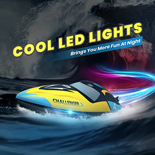 DEERC Barco RC sin escobillas, Barcos de Control Remoto rápido de 30 mph, Barco de Carreras de 2,4 GHz con Luces LED para Mares, Piscinas y Lagos, Juguete de lancha rápida para Adultos, niños y niñas