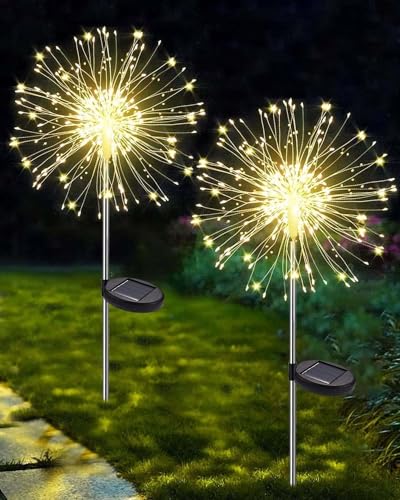 Dekofun Paquete de 2 luces solares para fuegos artificiales con 120 luces solares LED, 8 modos de iluminación, luces solares para jardín al aire libre, decoraciones de césped, blanco cálido