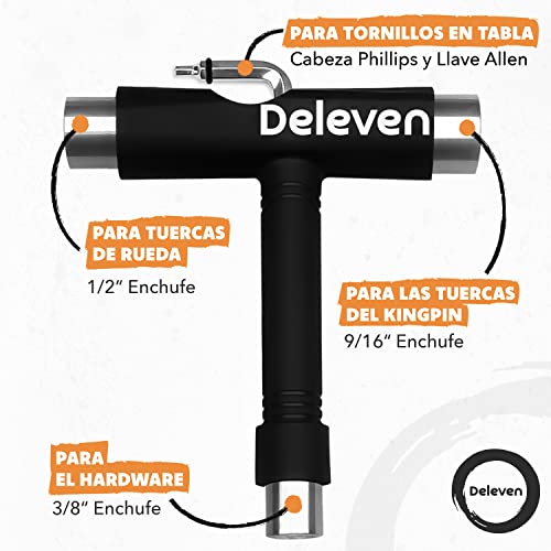 Deleven Herramienta de Skate Tool Todo-en-Uno Multifunción Ligera y Portátil con Llave Allen 2-en-1 y Destornillador Phillips - Ajusta Patines, Longboards, Skateboards, Quads, Ruedas, Ejes y Kingpin