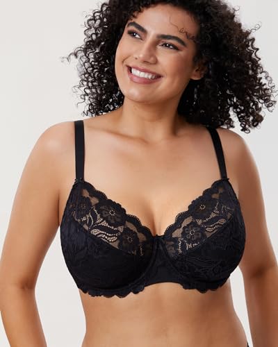 DELIMIRA - Sujetador Copa Completa En Encaje Elástico Floral para Mujer Negro 95G