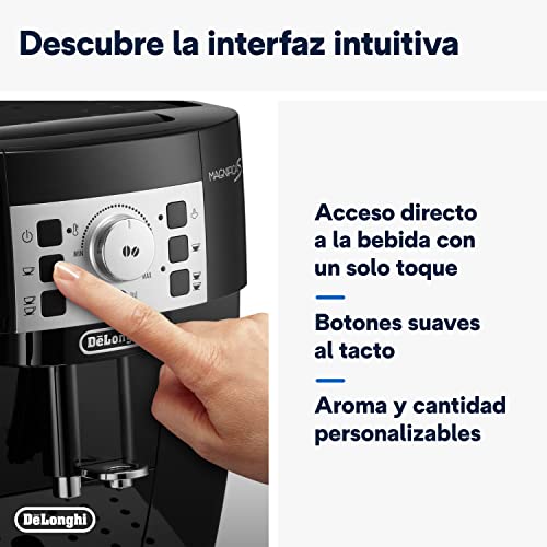 De'Longhi Magnifica S, Cafetera Superautomática con Boquilla para Leche, Cafetera Espresso del Grano a la Taza con 2 Recetas One-Touch, Panel de Control Soft-Touch, 1450W, Negro Cromado