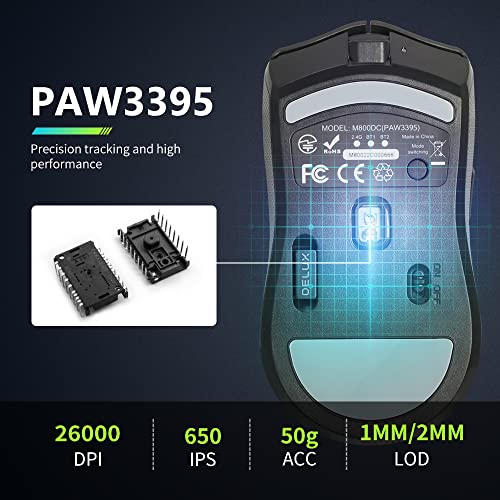 DELUX M800PRO Ratón Gaming Inalámbrico, Sensor PAW 3395 con 26000 DPI, 72g Ligero, Conexión Multidispositivo, Interruptores Huano Rosa, Batería 80 Hrs, con Patines de Cristal y Cinta de Agarre (Negro)