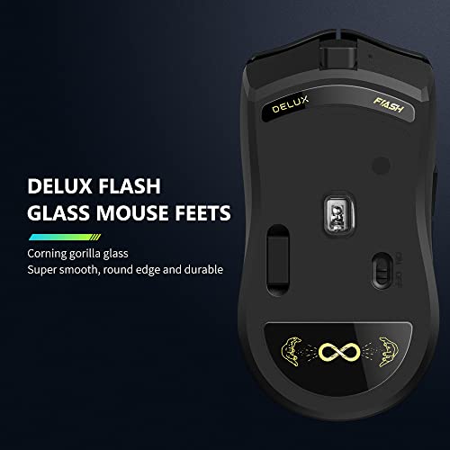 DELUX M800PRO Ratón Gaming Inalámbrico, Sensor PAW 3395 con 26000 DPI, 72g Ligero, Conexión Multidispositivo, Interruptores Huano Rosa, Batería 80 Hrs, con Patines de Cristal y Cinta de Agarre (Negro)