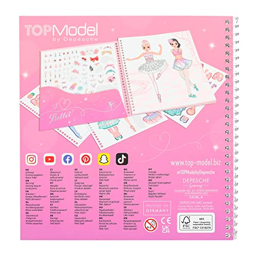 Depesche 12125 TOPModel Dress Me Up-Libro 24 páginas para diseñar Conjuntos de Danza y Ballet, Cuaderno para Colorear con 11 Hojas de Pegatinas, Multicolor