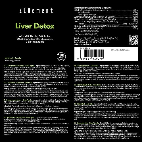 Detox Hígado, con Cardo Mariano, Alcachofa, Diente de León, Acerola, Cúrcuma y Bioflavonoides, 180 Cápsulas | Depurativo, antioxidante, mejora la digestión | Natural, Vegano, No-GMO | Zenement