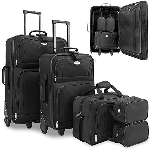 Deuba Maletas de Viaje Equipaje Trolley Set de 5 Pzs 60L 34L 16L 3L Neceser Cabina Ruedas Negro