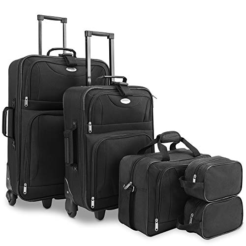 Deuba Maletas de Viaje Equipaje Trolley Set de 5 Pzs 60L 34L 16L 3L Neceser Cabina Ruedas Negro