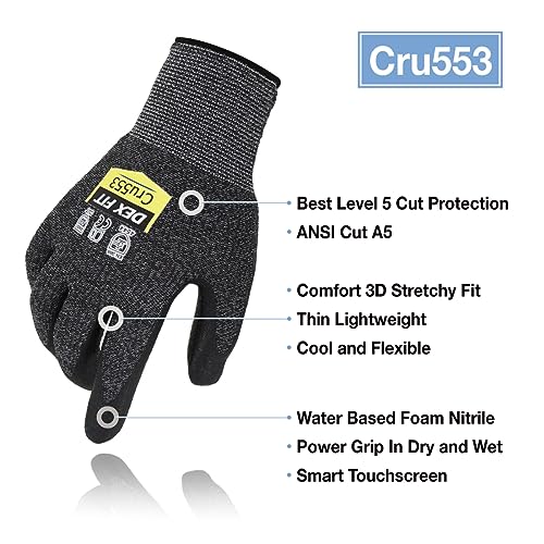 DEX FIT Guantes Anticortes de Nivel 5 Cru553, Ajuste Cómodo Elástico 3D, Buen Agarre, Recubrimiento de Espuma Duradero de Nitrilo, Táctil, Fino y Ligero, Lavable (M (3 Pairs), Cut 5 Cru553 Black Grey)