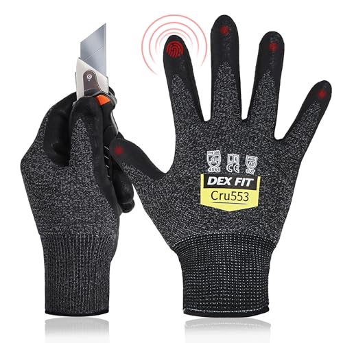 DEX FIT Guantes Anticortes de Nivel 5 Cru553, Ajuste Cómodo Elástico 3D, Buen Agarre, Recubrimiento de Espuma Duradero de Nitrilo, Táctil, Fino y Ligero, Lavable (M (3 Pairs), Cut 5 Cru553 Black Grey)