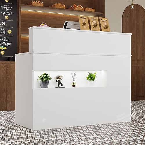 DEZAGCE Mueble recepción, Mostrador de recepción, Mostrador de Tienda, Mostrador de Venta, con cajón para Teclado, Mueble de recepción, Blanco, MDF, 100cm X 120 cm X 50 cm