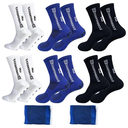 DGUSO 6 Pares Calcetines de Fútbol, Calcetines Antideslizantes Futbol Calcetines Deportivos para Correr Al Aire Libre, Medias Antideslizantes Futbol y 2 Muñequeras, para Fútbol Baloncesto Ciclismo