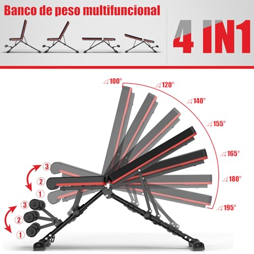 DH FitLife Banco de pesas plegable ajustable, banco inclinado y banco plano para press de banco, entrenador de espalda y abdominales, banco de entrenamiento multifuncional para fitness y fuerza