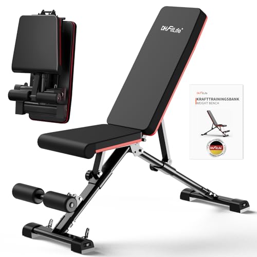 DH FitLife Banco de pesas plegable ajustable, banco inclinado y banco plano para press de banco, entrenador de espalda y abdominales, banco de entrenamiento multifuncional para fitness y fuerza