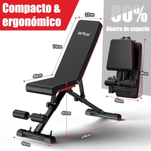 DH FitLife Banco de pesas plegable ajustable, banco inclinado y banco plano para press de banco, entrenador de espalda y abdominales, banco de entrenamiento multifuncional para fitness y fuerza