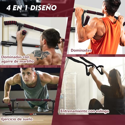 DH FitLife Barra de Dominadas para Marco de Puerta sin Tornillos | Pull up Bar Doorway | Barra de Tracción para Colgar | incl. Entrenador de Eslingas | para Puerta de 70 – 92 cm