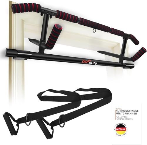 DH FitLife Barra de Dominadas para Marco de Puerta sin Tornillos | Pull up Bar Doorway | Barra de Tracción para Colgar | incl. Entrenador de Eslingas | para Puerta de 70 – 92 cm