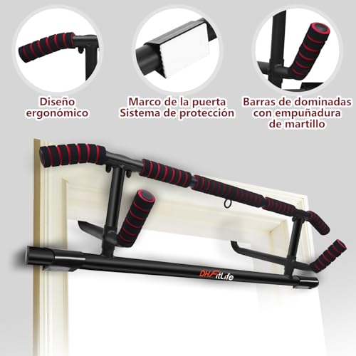 DH FitLife Barra de Dominadas para Marco de Puerta sin Tornillos | Pull up Bar Doorway | Barra de Tracción para Colgar | incl. Entrenador de Eslingas | para Puerta de 70 – 92 cm