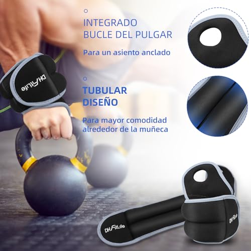 DH FitLife Juego de 2 muñequeras con correa para el pulgar para piernas y brazos, 3 variaciones de 1,0 kg, 1,5 kg y 2,0 kg, peso de muñeca para entrenamiento de fuerza