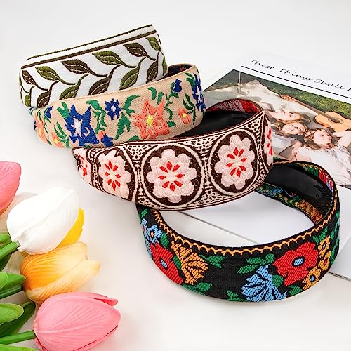 Diademas Bohemias Anchas de Bordado de Flores Diadema de Estilo Étnico Vintage, Elástica Turbantes Nudo Bandas para Mujeres Niñas Accesorios de Pelo (4pcs)