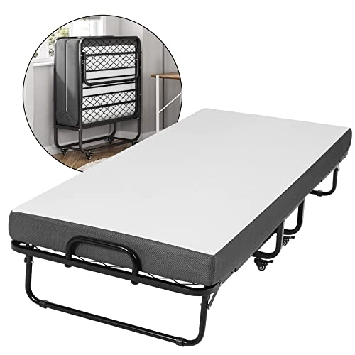 DICTAC Cama Plegable Cama de Invitados 90 x 200 cm con colchón de Espuma viscoelástica de 13 cm de Espesor,fáciles de Montar y Transportar,Estable Armadura de Metal con Ruedas,soporta hasta 200 kg