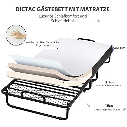 DICTAC Cama Plegable Cama de Invitados 90 x 200 cm con colchón de Espuma viscoelástica de 13 cm de Espesor,fáciles de Montar y Transportar,Estable Armadura de Metal con Ruedas,soporta hasta 200 kg