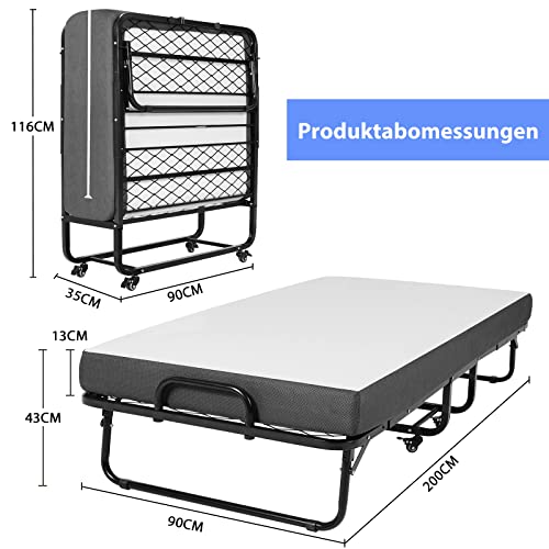 DICTAC Cama Plegable Cama de Invitados 90 x 200 cm con colchón de Espuma viscoelástica de 13 cm de Espesor,fáciles de Montar y Transportar,Estable Armadura de Metal con Ruedas,soporta hasta 200 kg