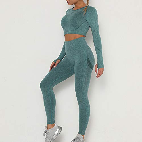 Dihope Conjunto Deportivo para Mujer 2 Piezas Top Corto de Manga Larga de Running Pantalones de Cintura Alta Elásticos Leggings de Fitness sin Costuras para Yoga Gimnasio Trotar，Verde Oscuro，L