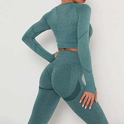 Dihope Conjunto Deportivo para Mujer 2 Piezas Top Corto de Manga Larga de Running Pantalones de Cintura Alta Elásticos Leggings de Fitness sin Costuras para Yoga Gimnasio Trotar，Verde Oscuro，L