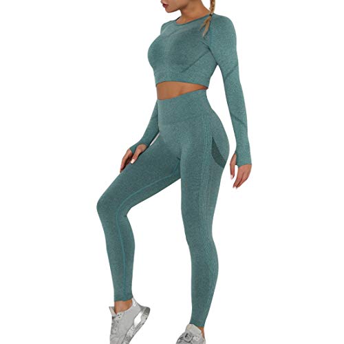 Dihope Conjunto Deportivo para Mujer 2 Piezas Top Corto de Manga Larga de Running Pantalones de Cintura Alta Elásticos Leggings de Fitness sin Costuras para Yoga Gimnasio Trotar，Verde Oscuro，L