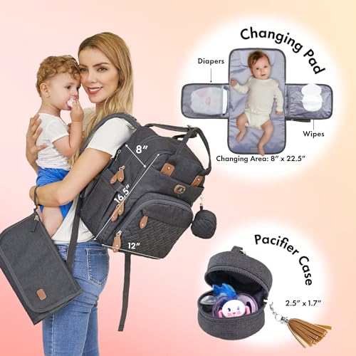 Dikaslon Mochila Cambiador, Mochila Pañalera Grande Bolsas Multifuncionales para Bebés con Cambiador Portátil, Portachupete y Correas para el Cochecito, para Mamá y Papá (Gris Oscuro)