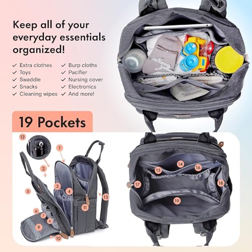 Dikaslon Mochila Cambiador, Mochila Pañalera Grande Bolsas Multifuncionales para Bebés con Cambiador Portátil, Portachupete y Correas para el Cochecito, para Mamá y Papá (Gris Oscuro)