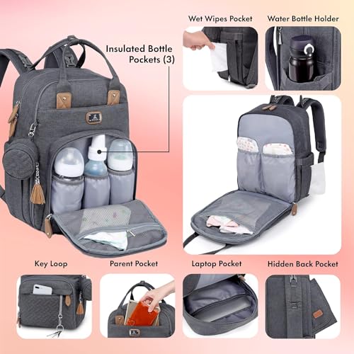 Dikaslon Mochila Cambiador, Mochila Pañalera Grande Bolsas Multifuncionales para Bebés con Cambiador Portátil, Portachupete y Correas para el Cochecito, para Mamá y Papá (Gris Oscuro)