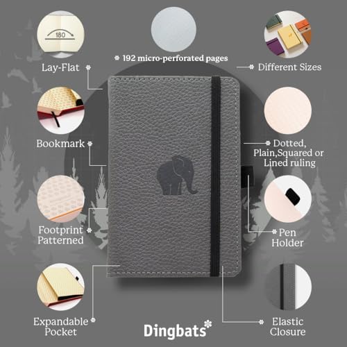 Dingbats - Wildlife Cuaderno De Bolsillo Punteado, Elefante Gris, A6 - Tapa Dura - Papel Crema, De 100 Gsm, A Prueba De Tinta