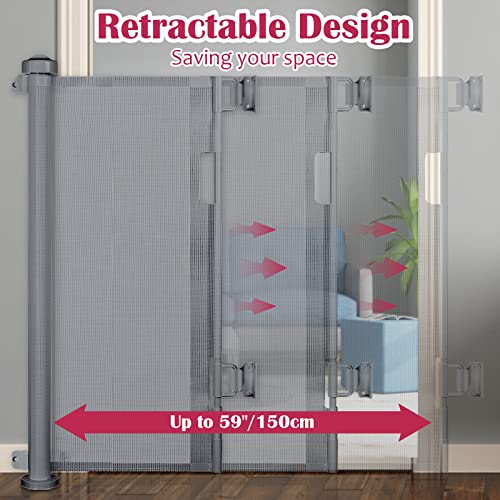 Dioxide Puerta Seguridad Retráctil para Bebés, 0-150 cm, Barrera Seguridad para Escaleras para Niños y Perros, Adecuada para Escaleras, Pasillos, Interiores y Exteriores (Gris)