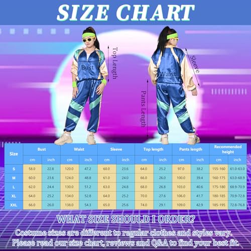 Disfraz de Chándal Años 80, Traje de Chándal Retro para Hombres y Mujeres, Chaqueta, Pantalón, Gafas, Muñequera para Rockstar Carnaval Halloween Cosplay Fiestas Disfraz de Neón (XL, Azul)