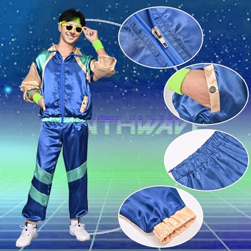 Disfraz de Chándal Años 80, Traje de Chándal Retro para Hombres y Mujeres, Chaqueta, Pantalón, Gafas, Muñequera para Rockstar Carnaval Halloween Cosplay Fiestas Disfraz de Neón (XL, Azul)