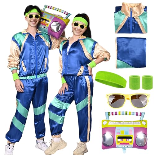 Disfraz de Chándal Años 80, Traje de Chándal Retro para Hombres y Mujeres, Chaqueta, Pantalón, Gafas, Muñequera para Rockstar Carnaval Halloween Cosplay Fiestas Disfraz de Neón (XL, Azul)